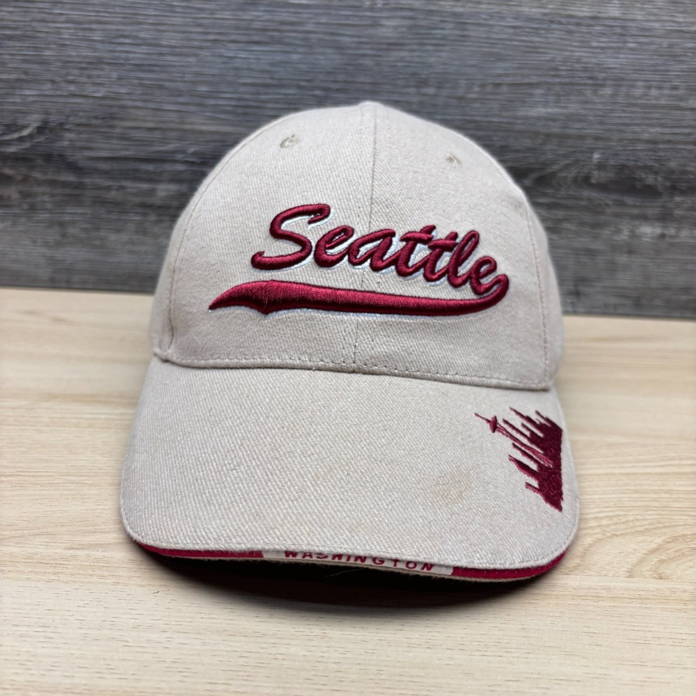 Seattle Washington Hat Cap Strap Back Beige Red Space Needle Skyline Souvenir